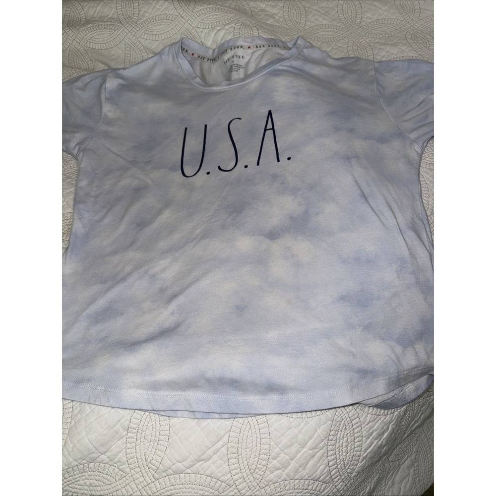 Rae Dunn USA Patriotic 4th of July Women's XL Logo Shirt Light Blue Tie Dye